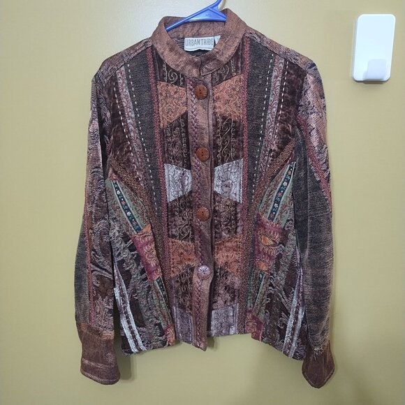 VTG 90s Urban Tribe Tapestry Jacket Size M Boho Lagenlook Artsy Patch - Picture 1 of 8